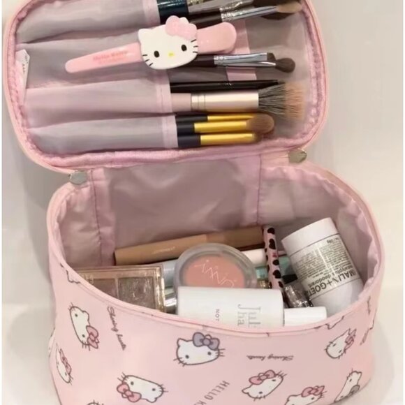 Hello Kitty Pink Makeup Bag Cosmetic Organizer w/ Handle, Travel Storage Case - Picture 3 of 3